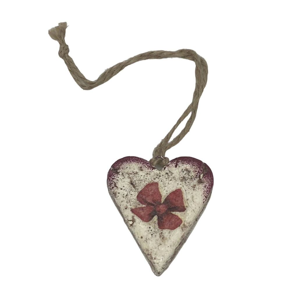 Handcrafted Retro Heart Christmas Salt Dough Ornament Red Bow Design Ukraine